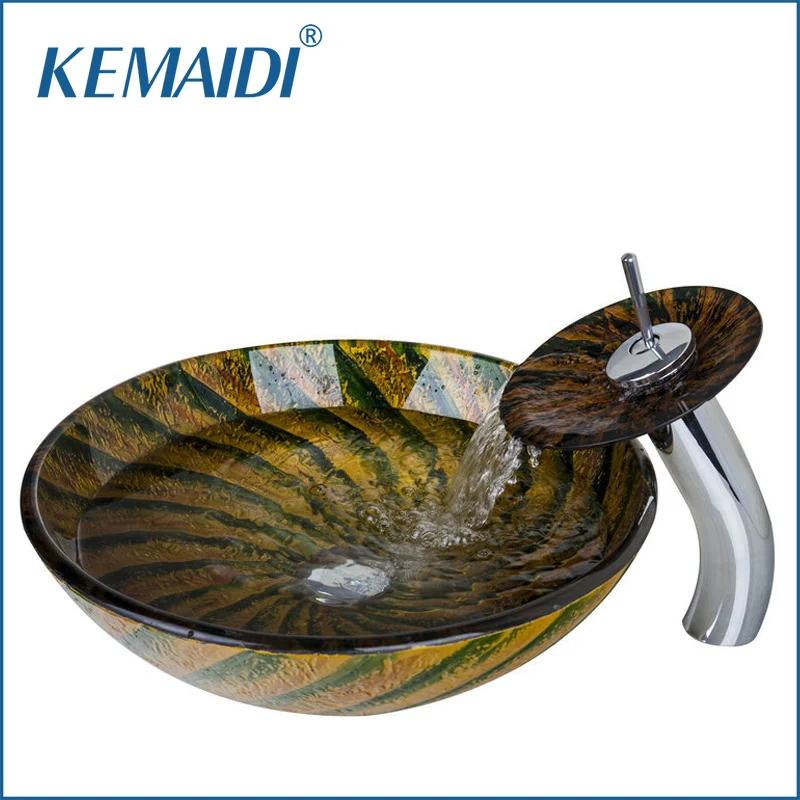 

KEMAIDI Round Washbasin Lavatory Tempered Glass Sink +Round Waterfall Basin Faucet 4347-1 Combine Brass Tap Mixer Faucets
