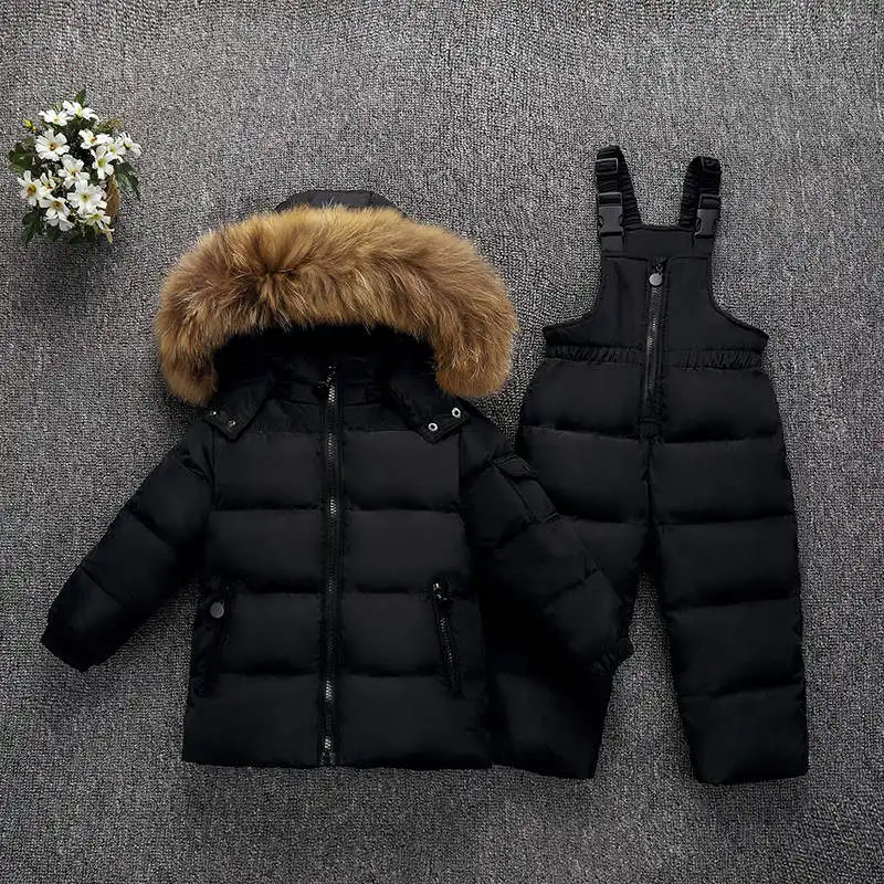 30 Degrees Winter Children Down Jacket Clothing Sets Furry Collar Girls Down Jackets+ Overalls Kids Warm Suit For Boys - Цвет: Черный