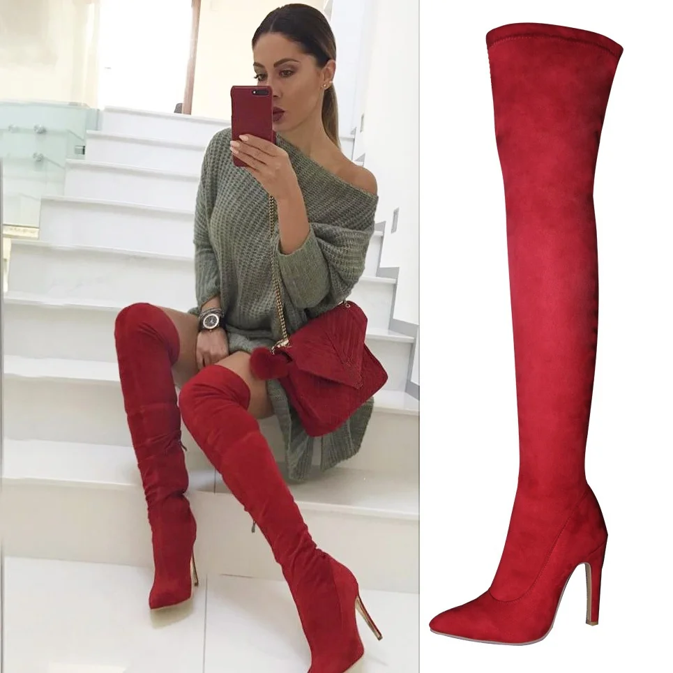 

LELE Women Boots High Heels Knee High Boots Suede Thigh High Over The Knee Red Black Gray Brown Boot Ladies shoes Plus Size 43