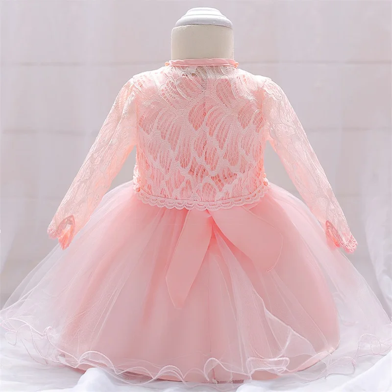 DE персик новые зимние детские крестильное платье для младенца для девочек принцесса день рождения свадебное платье с длинным рукавом