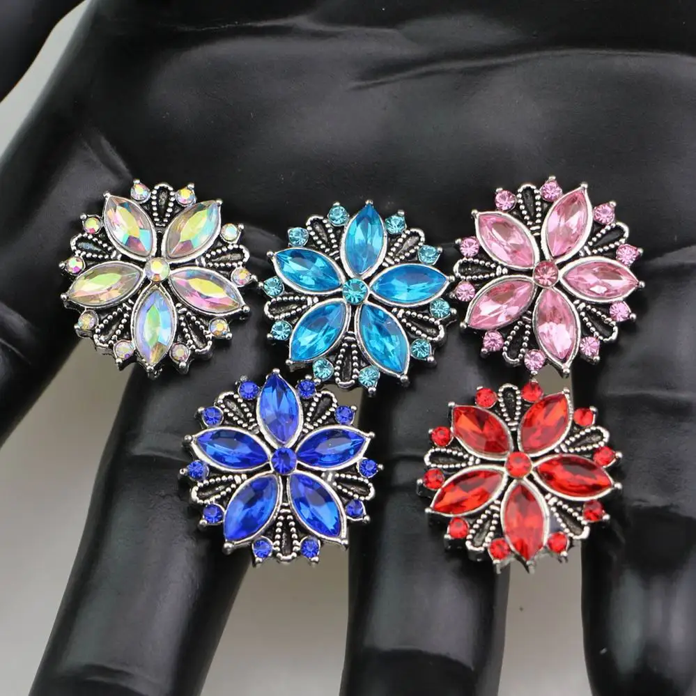 10PC Beautiful Colorful Crystal Flower Snap Jewelry Buttons Charms