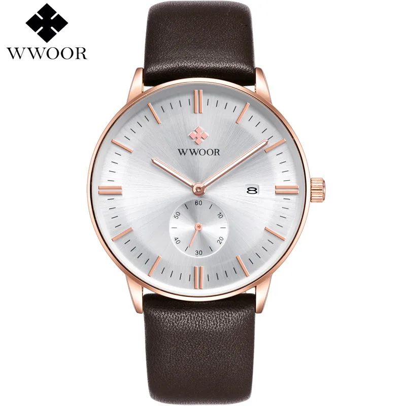 

Men Watches Top Brand Luxury Work Sub-dial Leather Casual Wristwatch Rose Gold Quartz Watch Men's Sports Watch Male WWOOR Clock
