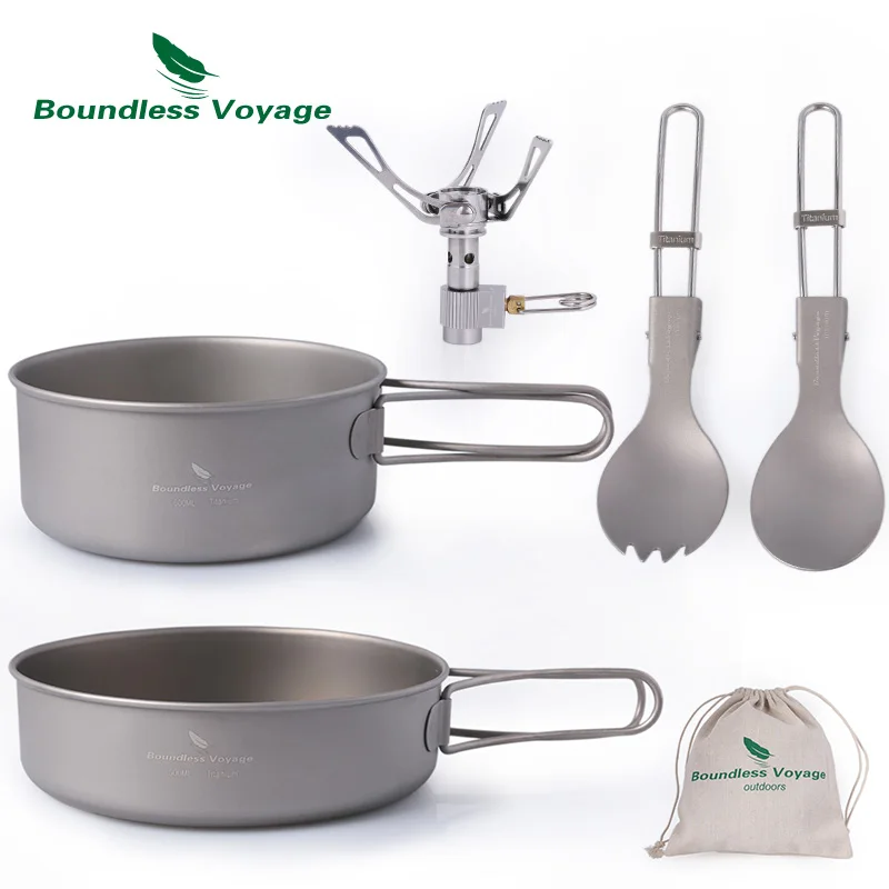 Viagem ao ar Pote de Titânio Utensílios de Mesa Conjunto com Alça Ilimitado Livre Colher Spork Fogão Conjunto Acampamento Caminhadas Dobrável Pan