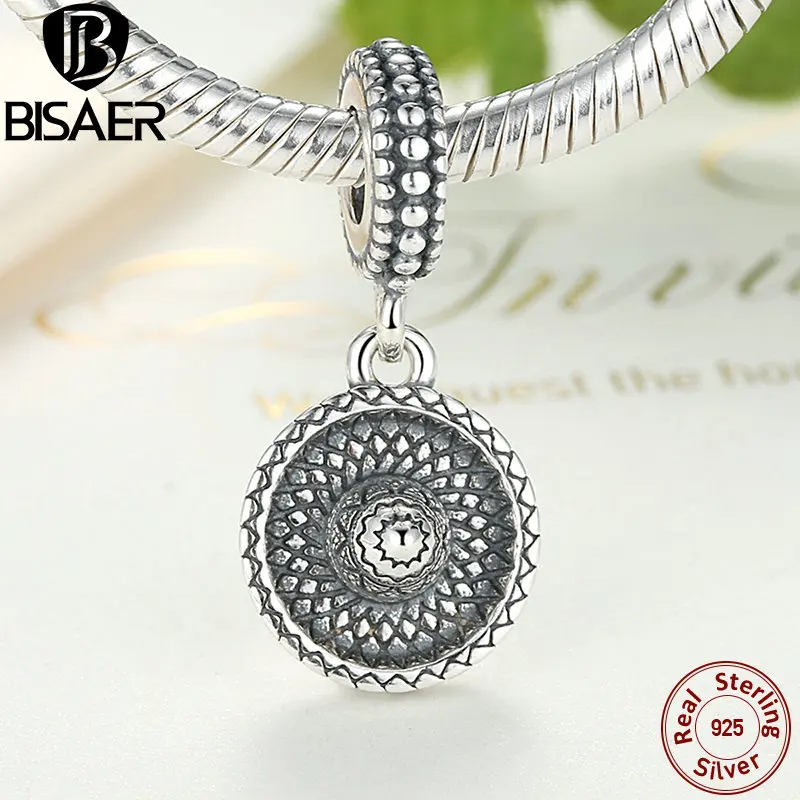 

BISAER 100% 925 Sterling Silver Sombrero Dangle Round Pendant Charm Fit Charm Bracelet DIY Silver 925 Jewelry Gift GOS257