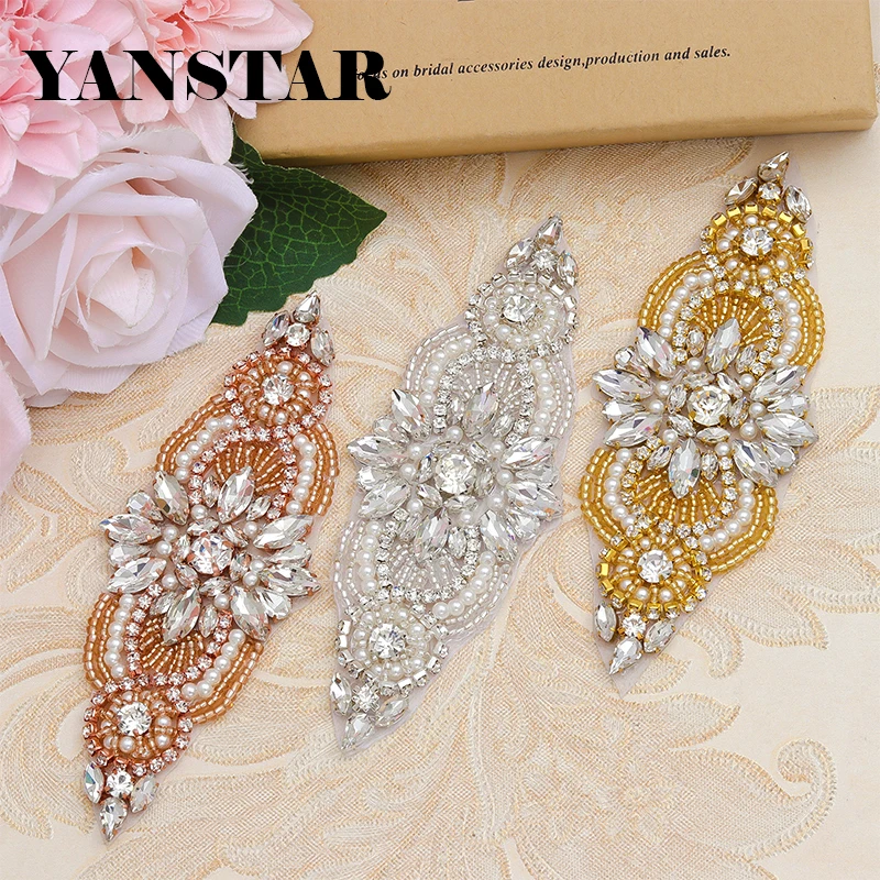 

YANSTAR (2pcs) Handmade Beaded Rose Gold Rhinestones Appliques Patch Sewing On For Wedding Dress Sash DIY Bridal Belt YS844