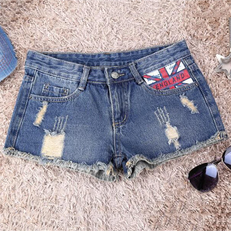 Мода плюс Размеры Короткие джинсы Для женщин Джинсовые шорты тонкие узкие потертые отверстие женские с рисунком флага Прохладный Шорты