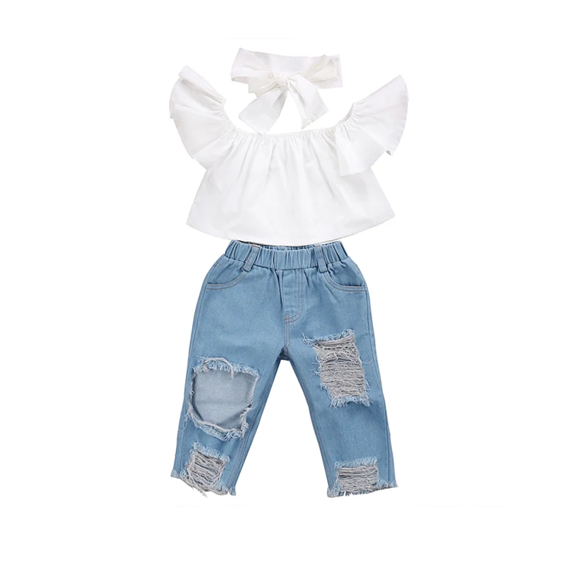 

Fashion Casual Newborn Toddler Baby Girls Petal Sleeve Off Shoulder Pullover White T-Shirts Hole Blue Denim Pants Headband 3PCS