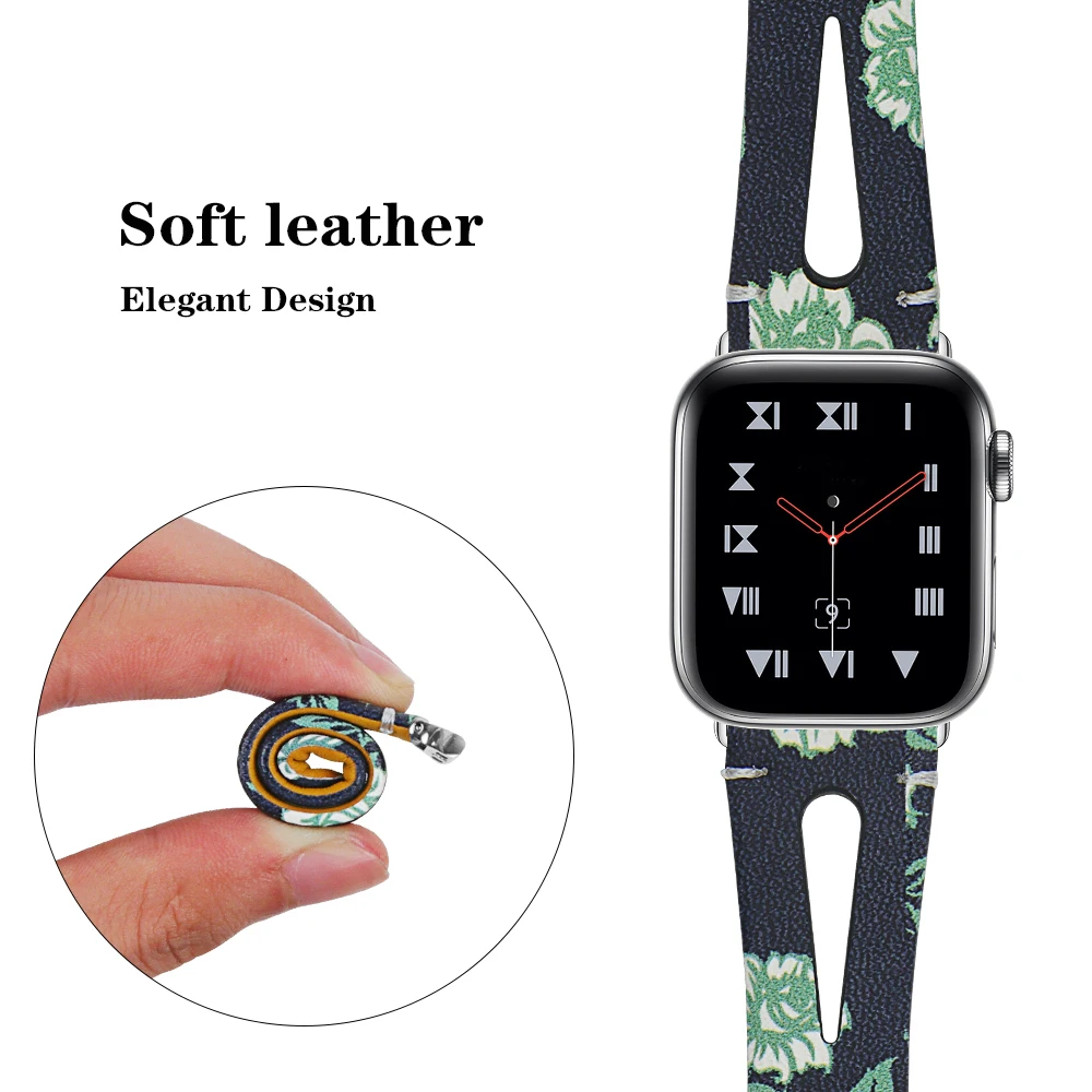 Для Apple Watch 4 3 2 1 ремешок из натуральной кожи женская летняя мода для IWatch полосы печать полый ремешок 38 мм 40 мм 42 мм 44 мм