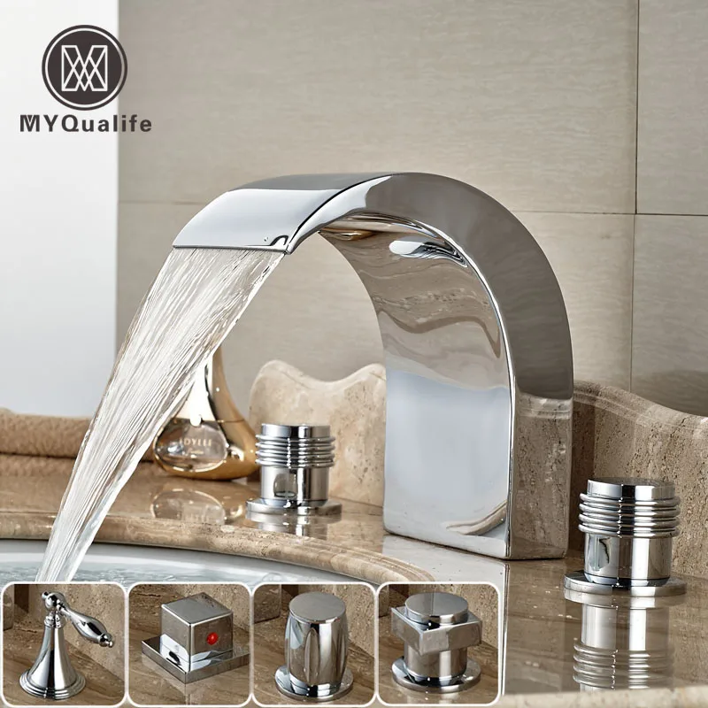 

Luxury Waterfall Big Spout Bathroom Tub Sink Faucet Widespread Dual Handle Basin Sink Mixer Taps Polished Chrome