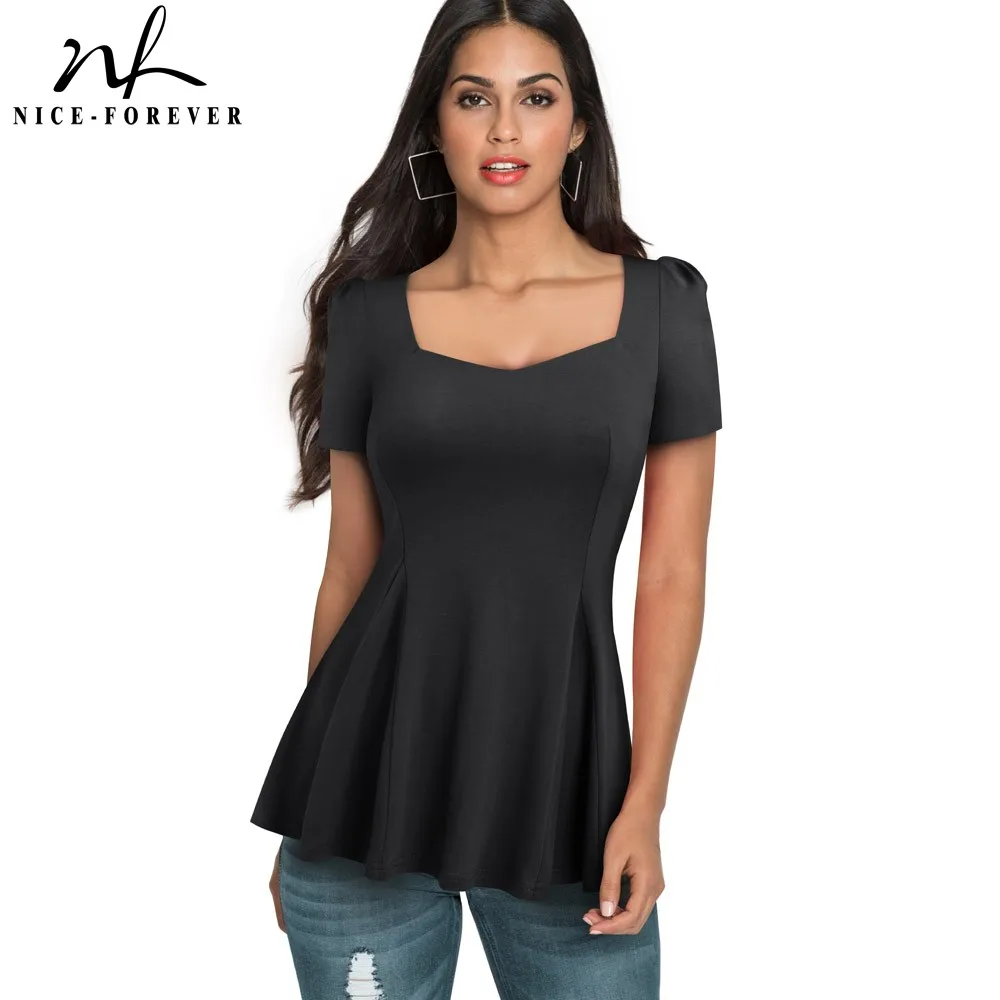 

Nice-forever Brief Casual Square Collar t-shirts Short Sleeve Ruffle Stylish fitted Female Women Tees tops B505