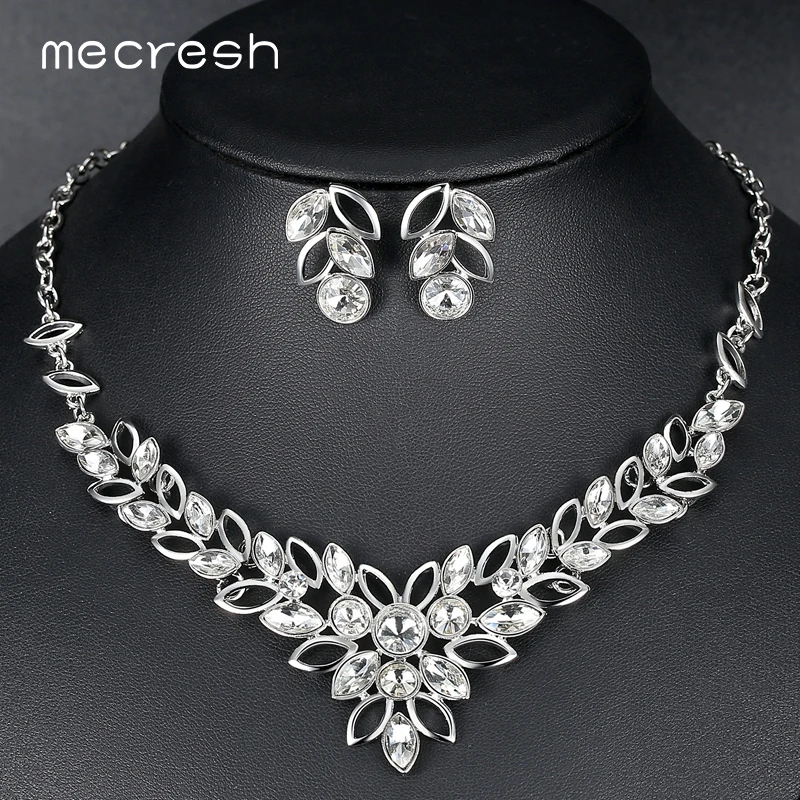 

Mecresh Statement Silver Color Crystal Bridal Jewelry Sets Leaf Shape Rhinestone Wedding Engagement Piercing Jewelry Set MTL541
