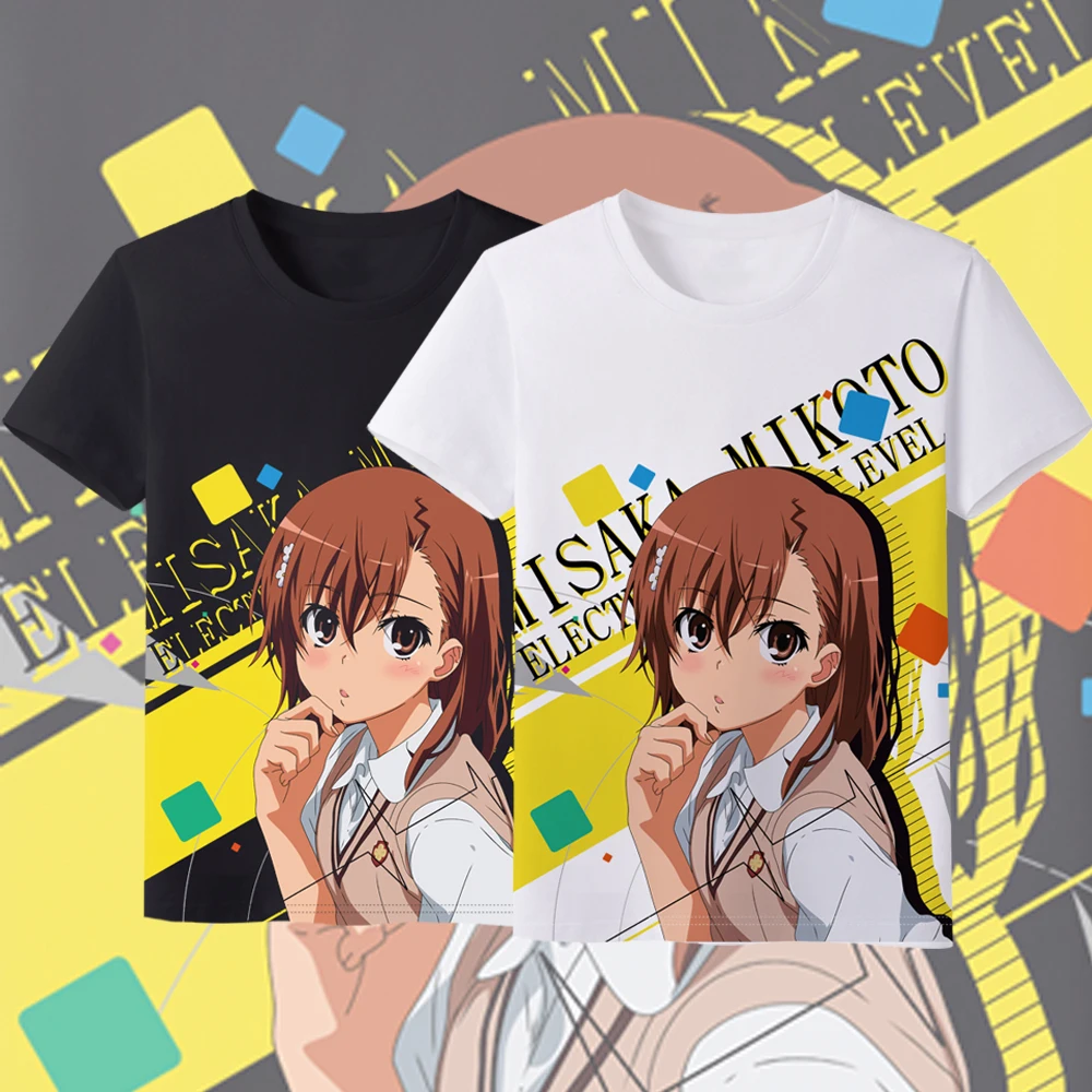 Toaru Kagaku нет железнодорожное Мисака Микото унисекс летняя футболка аниме молочного шелка футболка Повседневное короткий рукав футболки черные и белые