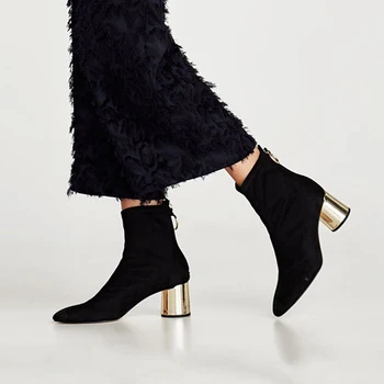 black booties with gold heel