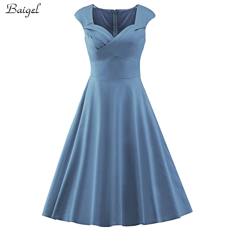 Womens Sexy V-Neck Summer Vintage Dress 50s 60s Retro Pinup Rockabilly Swing Lake Blue Ball Gown Wedding Party Dresses