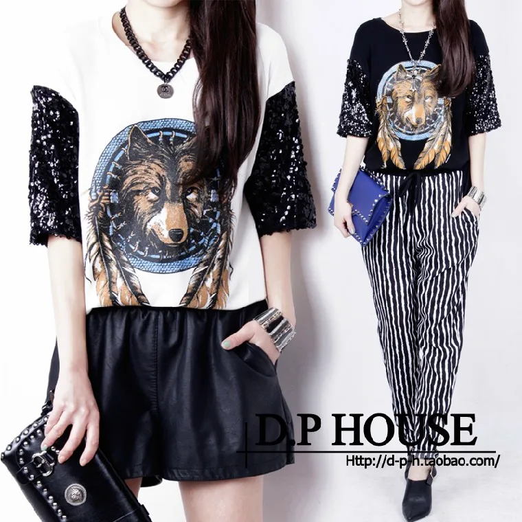 2014 spring fashion unhide paillette patchwork short design top t-shirt female loose basic shirt short-sleeve | Женская одежда