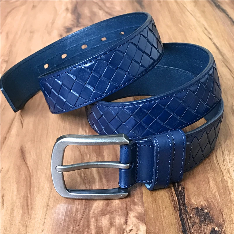 Men Luxury Blue Belts For Men Braided Belt Genuine Leather Vintage Buckle Leather Belt Men ...