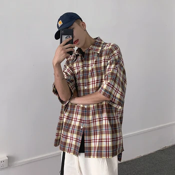 

2019 Summer Men's Leisure Lattice Printing Long Sleeve Shirt Streetwear 2 Color Cotton Clothes Loose Camisa Masculina Shirts