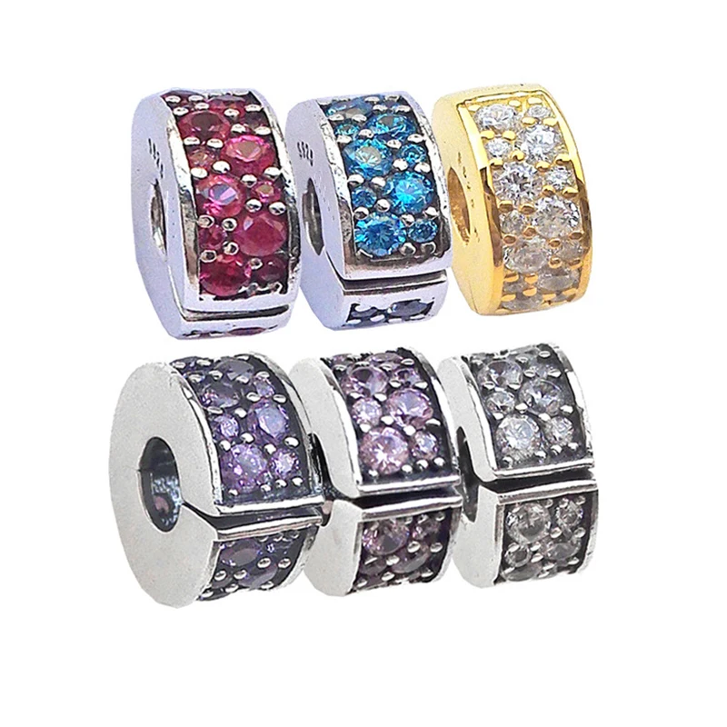 

Shining Elegance Clip Spacer Charm Beads Fit 2016 Spring Pave AAA Purple CZ Stopper Bead Diy Bracelets Jewelry