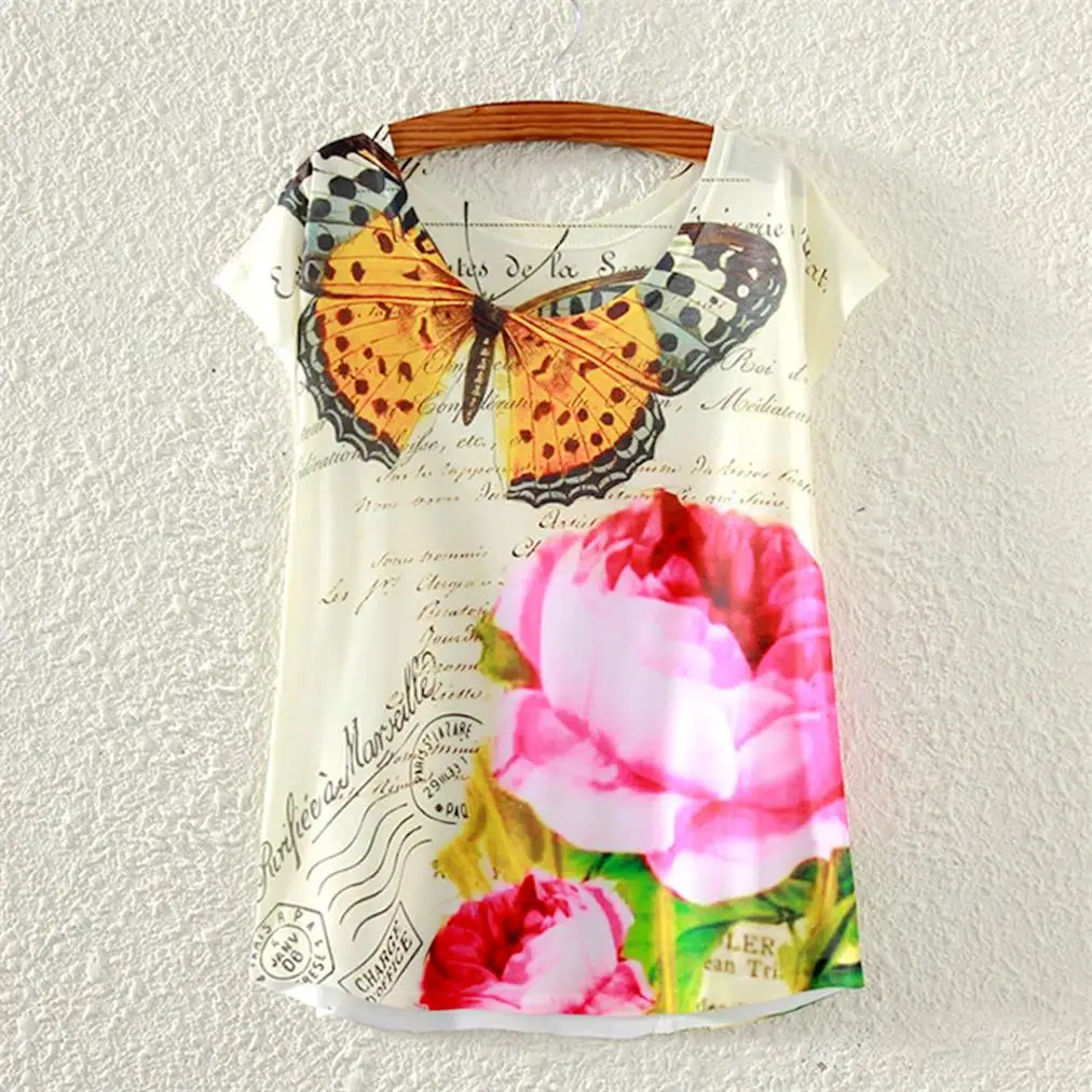 16 Colors 2016 Cotton T Shirt Women Floral Flowers Print T Shirts Women Tops Emoji Funny butterfly T-Shirt Femme Clothes