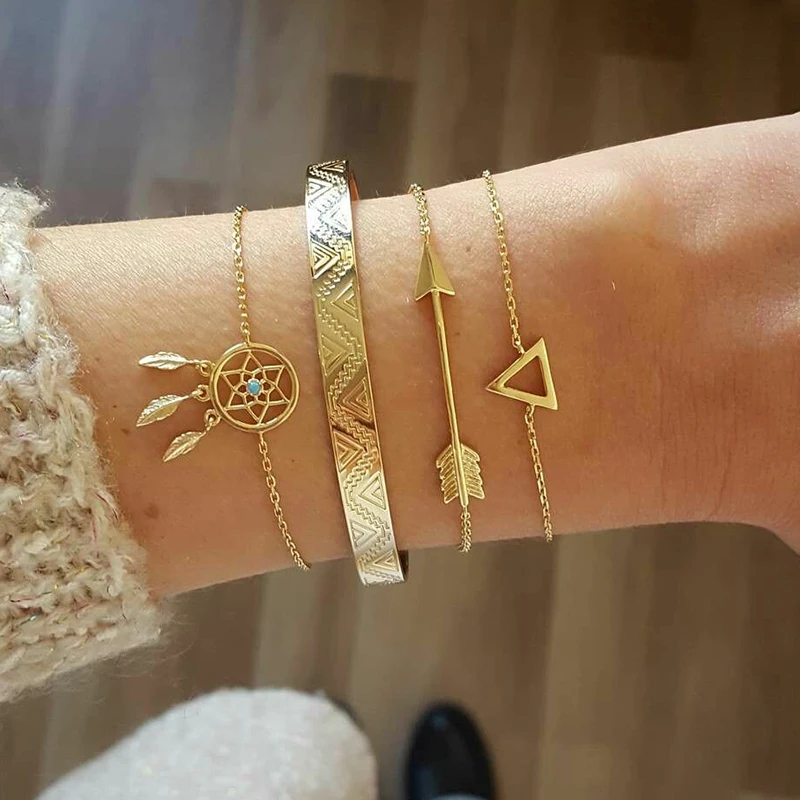 

KISSWIFE 4 Pcs/Set Vintage Geometric Arrow Crystal Chain Gold Bracelets Ladies Bohemian Beach Bangle Jewelry