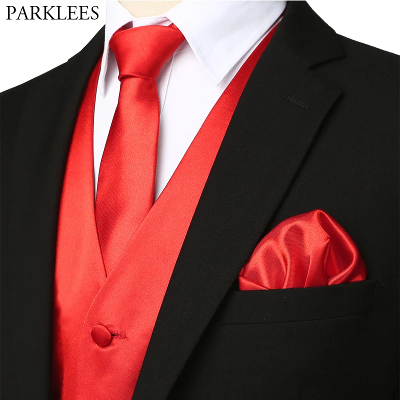 

4pcs Red Silk Ves Set Necktie Waistcoat Vest Pocket Square Bowtie Suit Set Party Wedding Formal Business Casual Vest Men Gilet