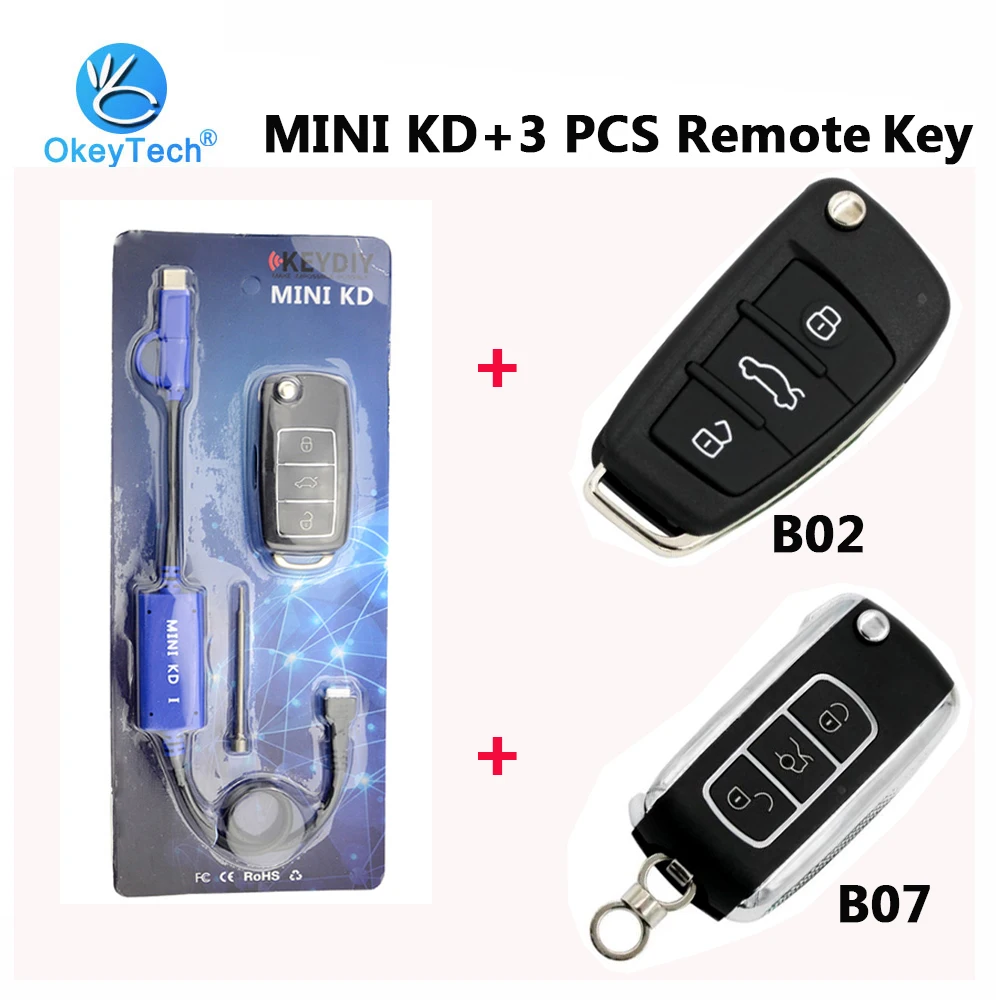 OkeyTech B01-3/B02/B07 с мини KD 3 кнопки дистанционного ключа генератор пультов Поддержка Android Mini KD автоматический ключ программирования