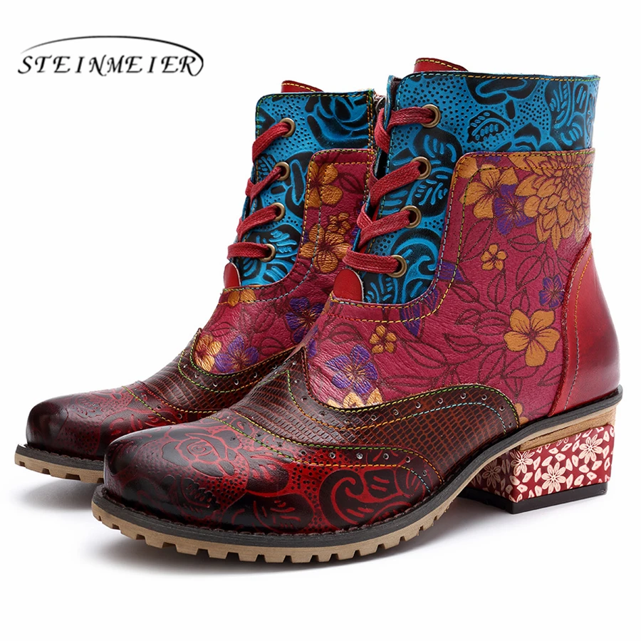

Women winter Boots Genuine cow Leather High heel Ankle Comfortable quality soft Shoes Brand Designer Handmade red 2019 spring
