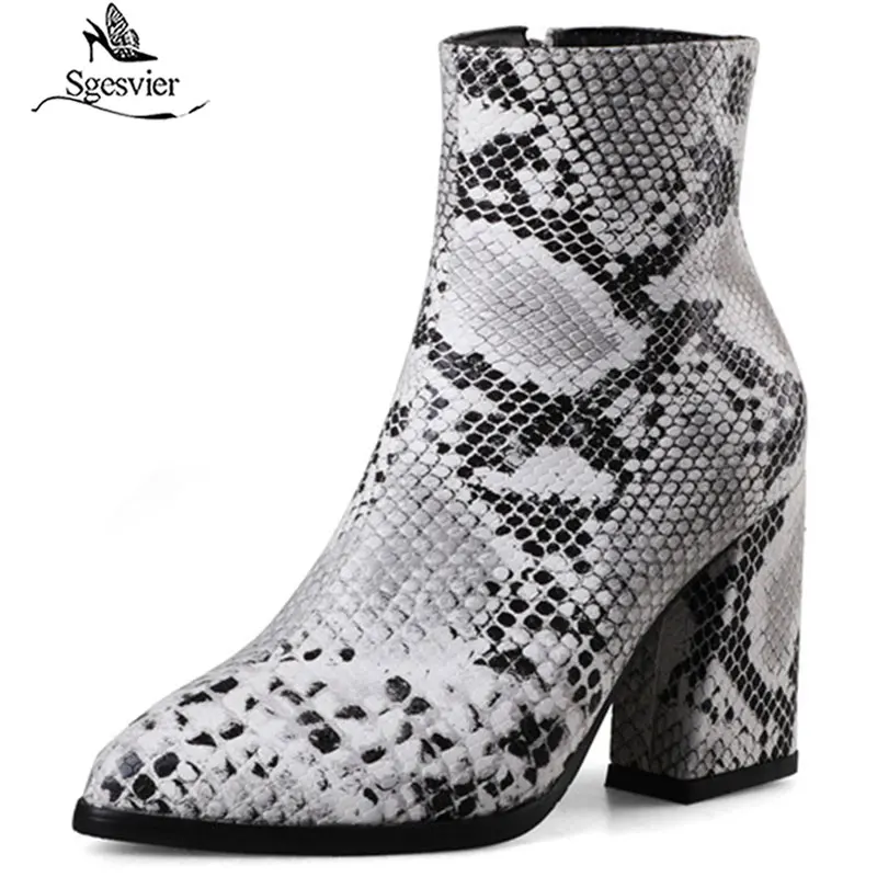 Sgesvier 2019 New Fashion Snakeskin Pattern Plaid High Heels Ankle Women Riding Boots Female Footwear Woman Shoes Winter G615