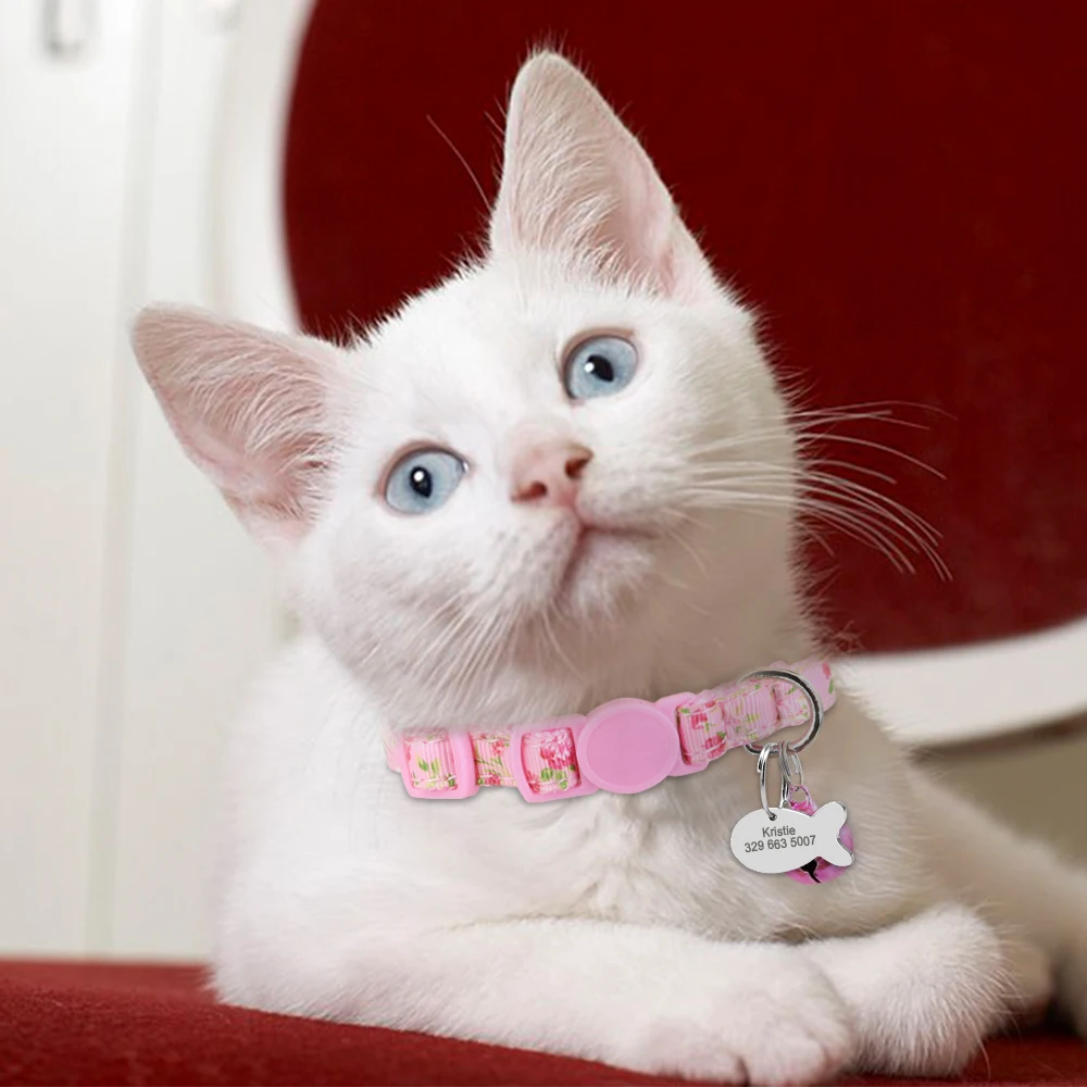 Personalized Cat ID Tag Collar Quick Release Pet Puppy Kitten Collars With Bell Safety Adjustable For Small Dogs Cats Pets Pink