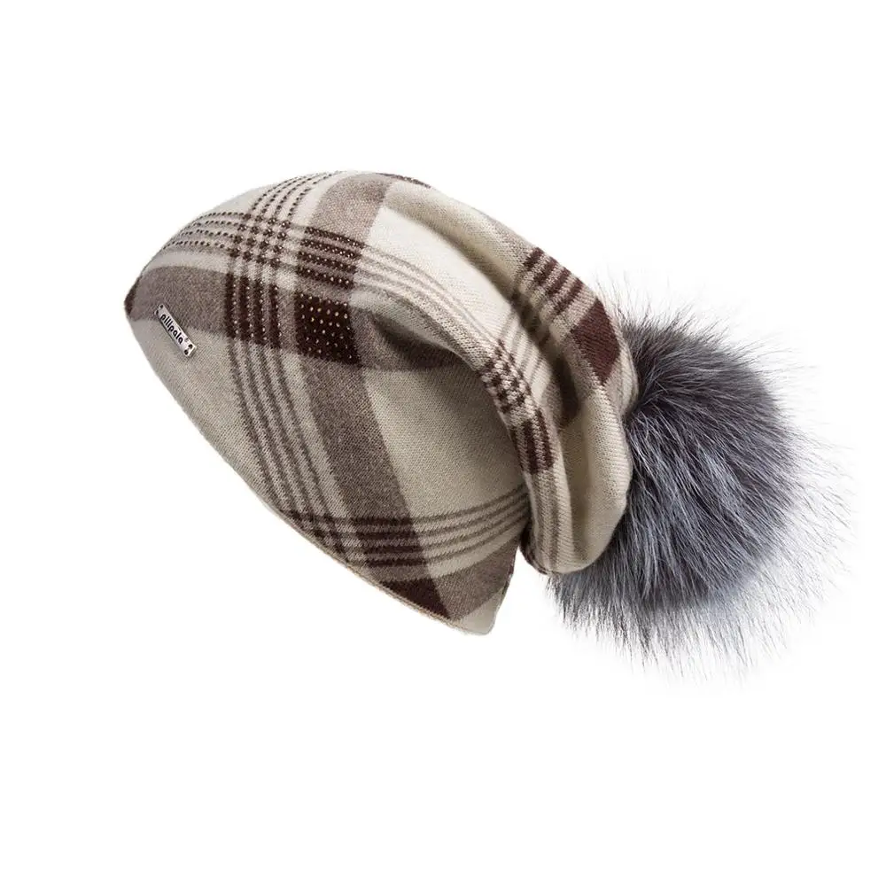 Кашемировая Шапка-бини большого размера с пушистым помпоном из натурального меха для женщин, зимняя теплая клетчатая шапка с принтом Fur Story 17603 - Цвет: Beige(gray pompom)