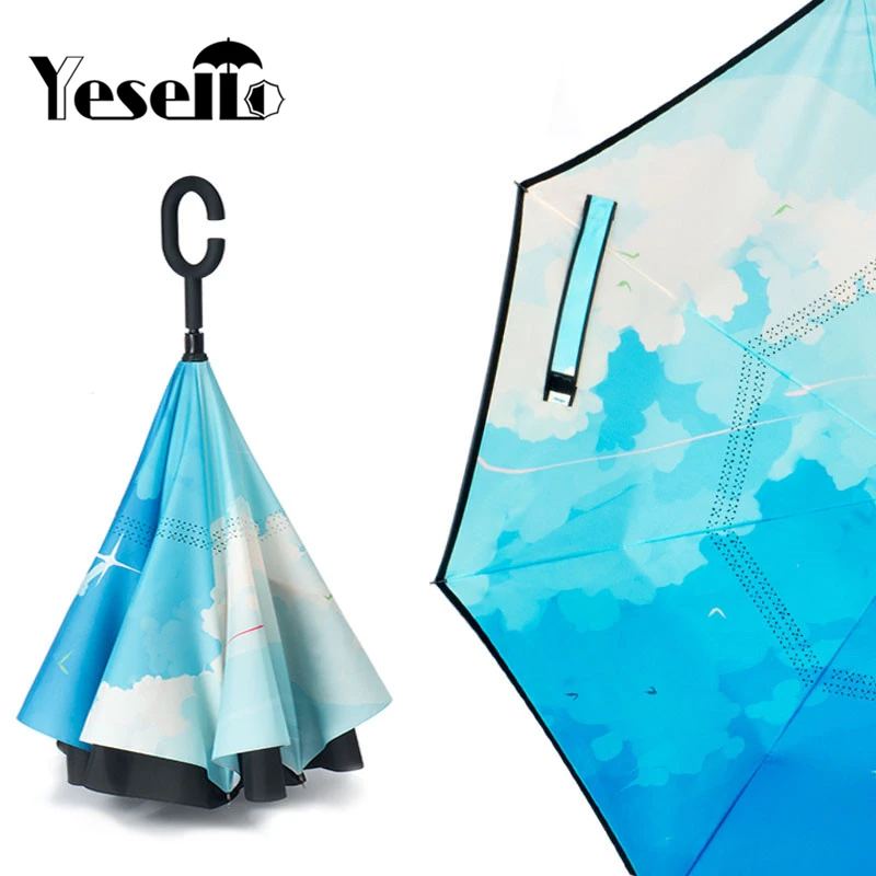 

Yesello 1PCS City Sky Reverse Double Layer Inverted Umbrella Self Stand Rain Protection Long Hands Folding For Car Fishing