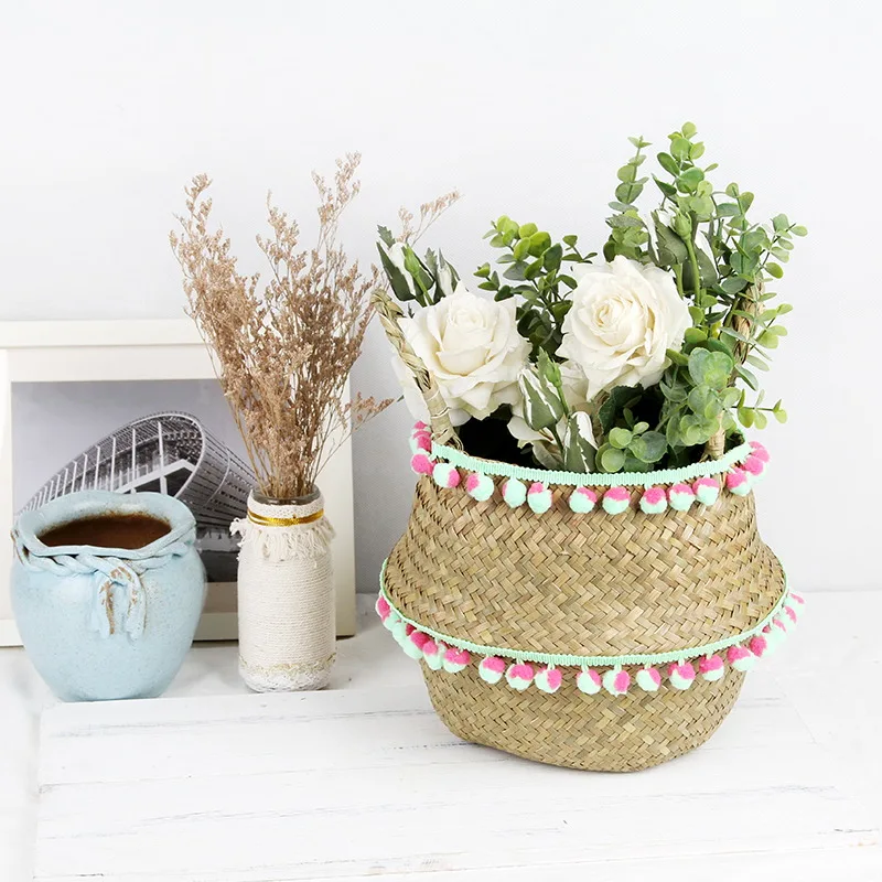 Бытовая плетеная подвесная корзина из натурального водоросля, тканый горшок для хранения, садовая Цветочная ваза, подвесная корзина для хранения игрушек - Цвет: 5