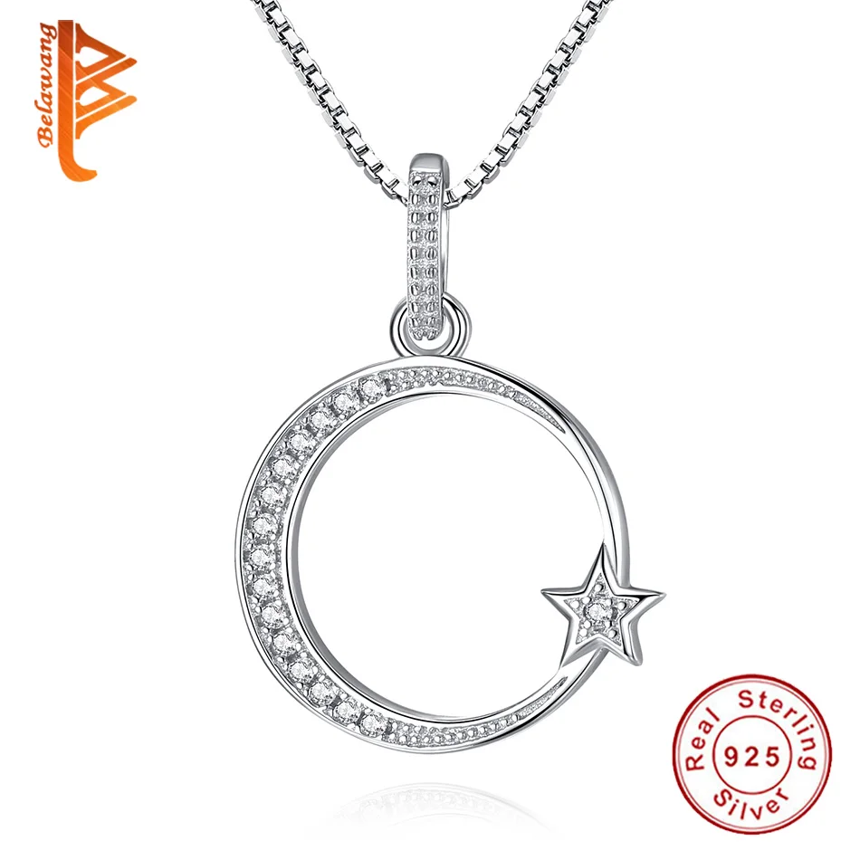 

BELAWANG Authentic 925 Sterling Silver Crescent Moon & Star Shimmering Crystal Pendant Necklaces for Women Fashion Jewelry Gift