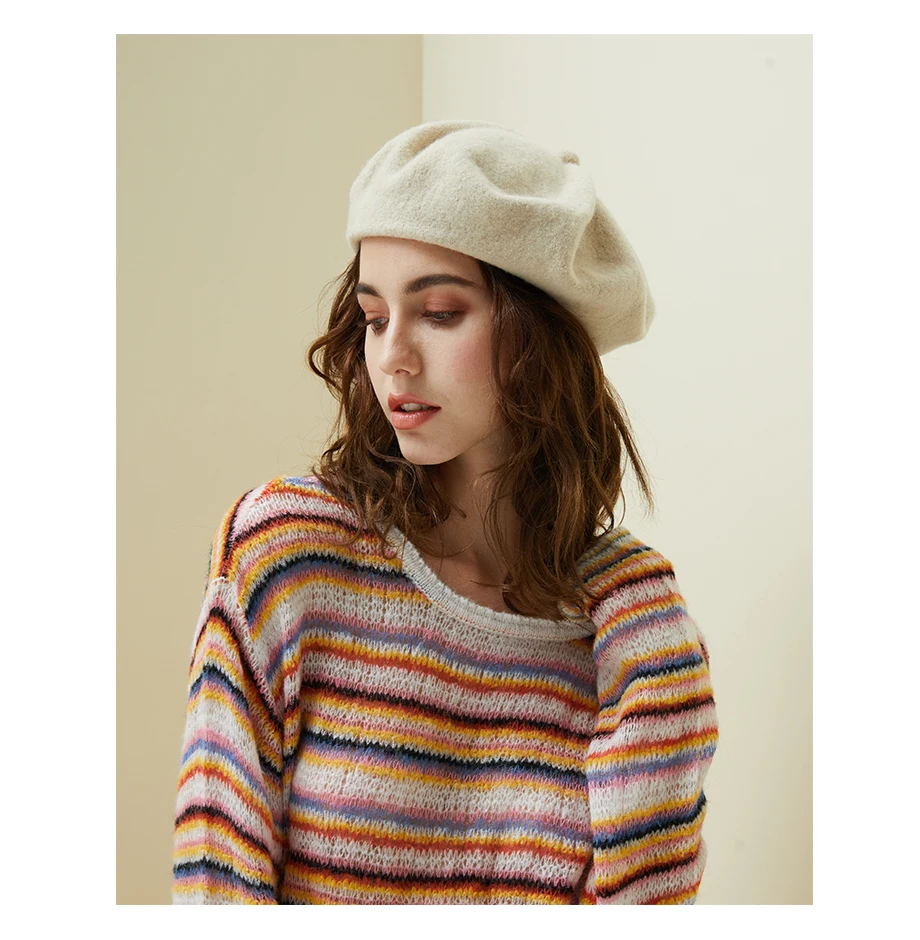 Women Knit Beret 100% Pure Wool Winter Warm Hat Female British Style Lady Painter Bonnet Hats Solid Color Beanie High Quality  (15)