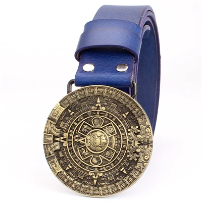 Мужской модный ремень с круглой пряжкой ацтекский солнцезащитный календарь узор из воловьей кожи Майя ацтекский индивидуальный подарок ремень для мужчин - Цвет: Golden buckle Blue