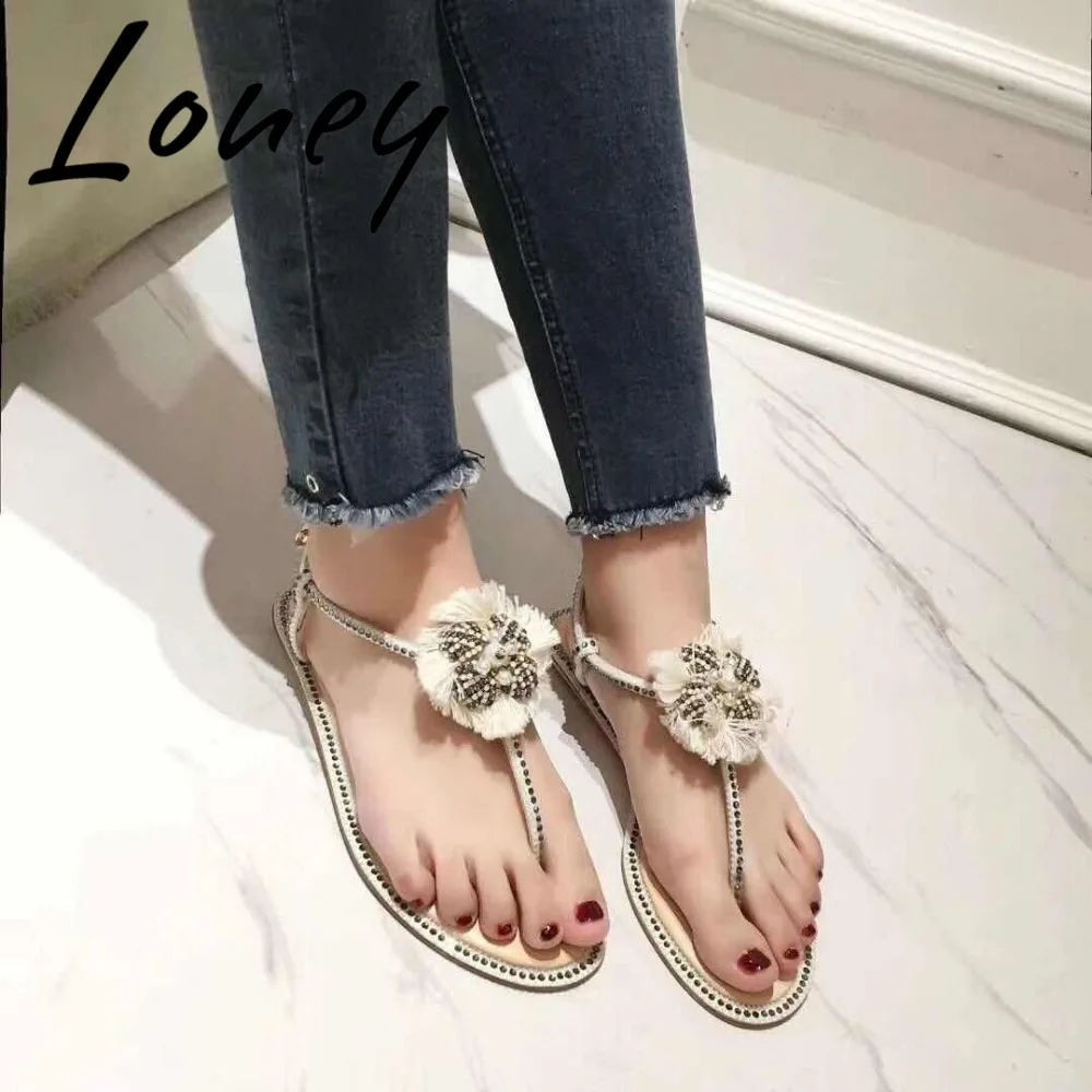

Loney New Brand Genuine Leather Gladiator Fringe Summer Sandals Open Toe Buckle Strap Crystal Floral Sandals Flats Shoes Women