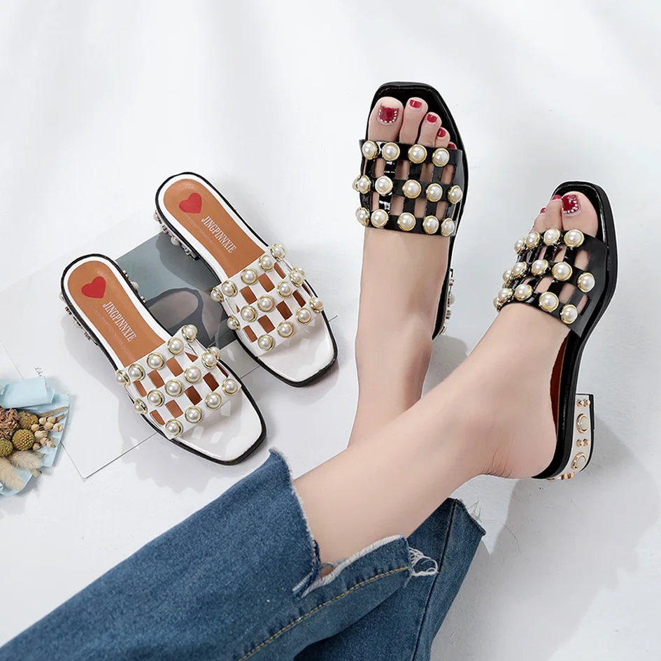 

New Summer Chunky Mid Heels Slippers Women Sandals Women Indoor Outdoor Pearl Flip-flops Beach Shoes Women Sandals Mujer #Y