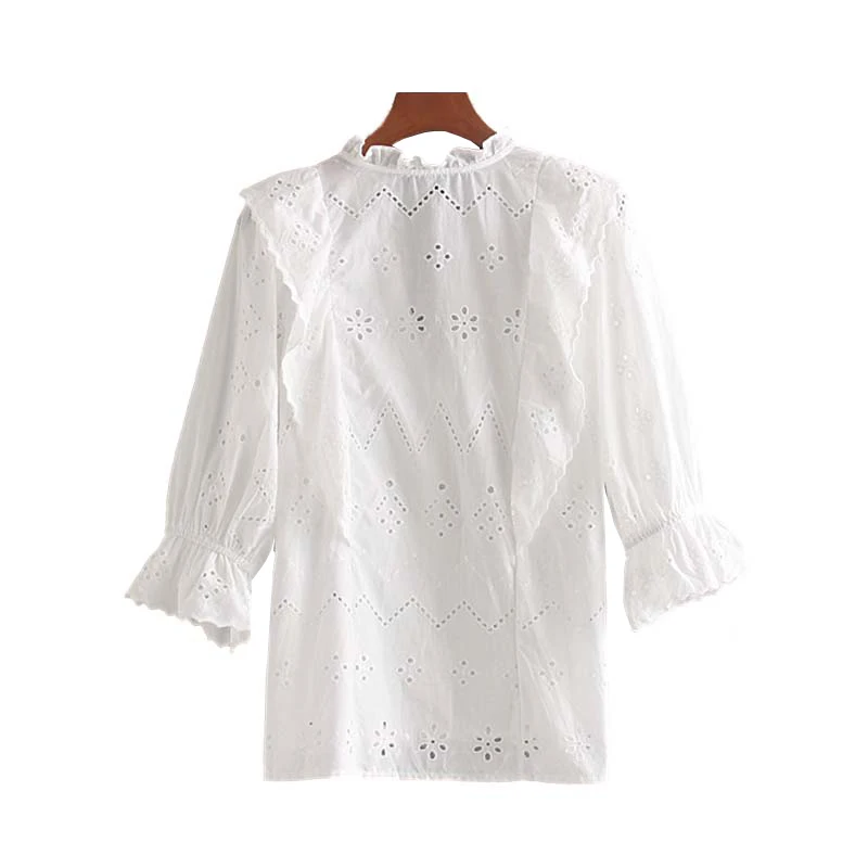  Vintage Stylish Embroidery Hollow Out Ruffled Tops Women Blouses 2020 Fashion Three Quarter Sleeve 