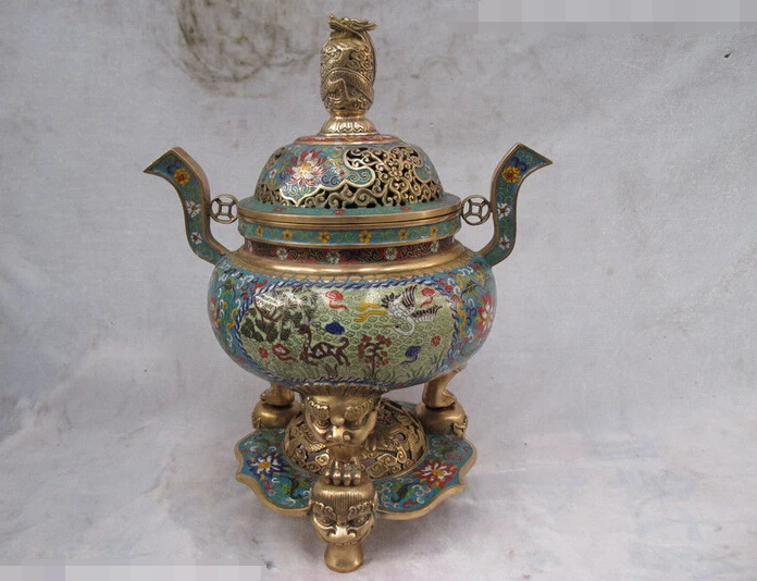

wholesale factory China Royal 100% Pure Bronze Gild cloisonne Dragon Crane deer Two layers Censer