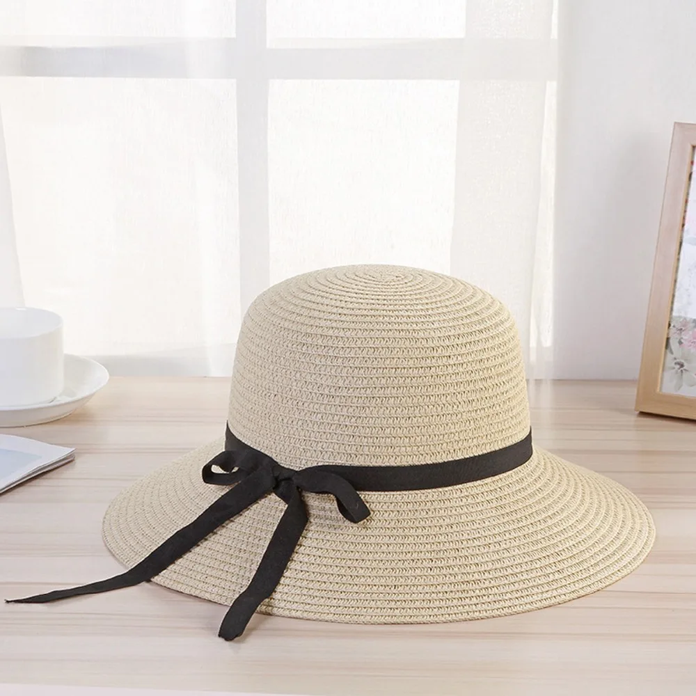 

Hats/Caps Summer Wide Brim Sun Hats For Women Foldable UV Protection Panama Leisure Bowknot Straw Hat Ribbon Solid Beach Cap