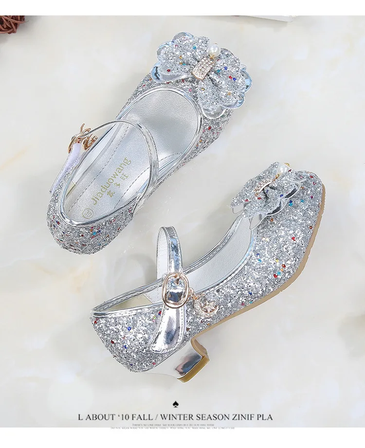 Girl Children Sequins High-heeled Dress Shoes Kids Spring& Autumn Butterfly-knot Party Wedding Princess Girls Shoes CSH814