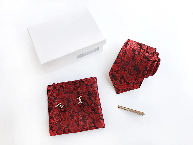  Male Fashion 3.35 Inch (8 Cm) Wide Male Cashew Neckcloth Handkerchief Cufflinks Gift Box Set for Bu