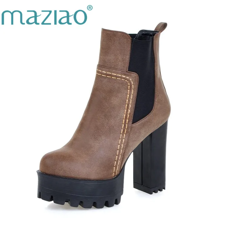 

MAZIAO Black Punk PU leather Retro Square High Heel Ankle Boots Round Toe Solid Slip On Women Motorcycle Boots Size 34-43