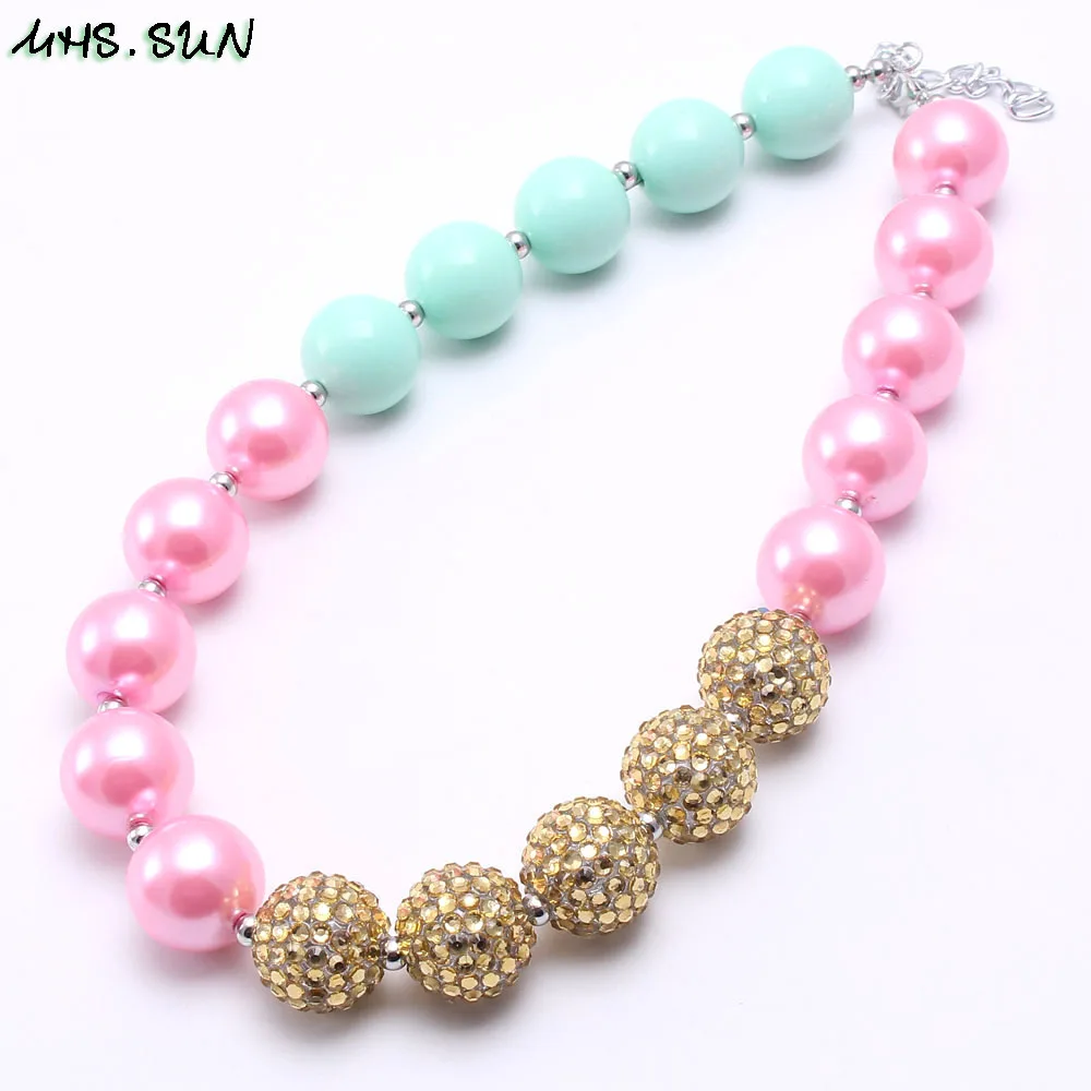 BN575-1 (3),$5.85.Fashion Kids Girls Beads Necklace PinkBlueGold Bubblegum Chunky Necklace For Toddler Child Gift Handmade Jewelry