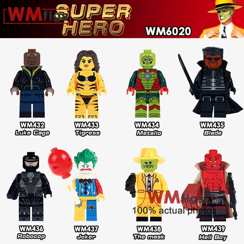 

Robocop Legoings Hell Boy Luke Cage Tigress Metallo Blade The Mask Joker Figures Building Blocks Toys for Children Gifts Kids