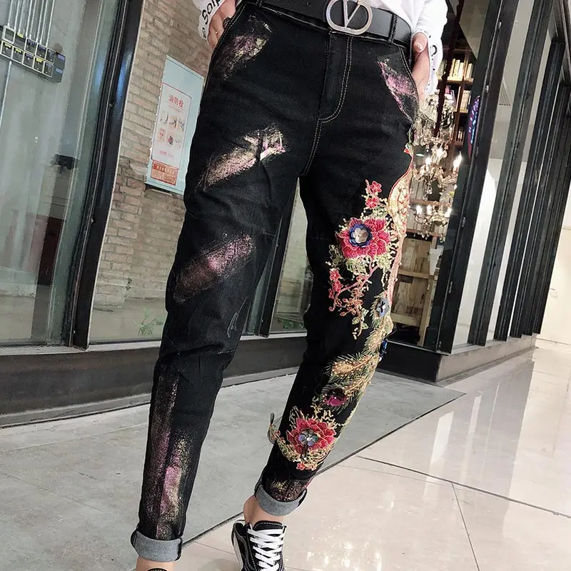Осенние новые черные джинсы с блестками и декоративным рисунком павлина, шаровары с распылителем, джинсы размера плюс