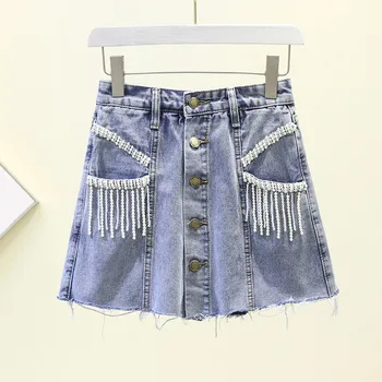 

Women Shorts 2019 Summer A Line High Waisted Denim Shorts Single-breasted Fashion Pantskirt Pearls Bead Tassel Vintage Culottes