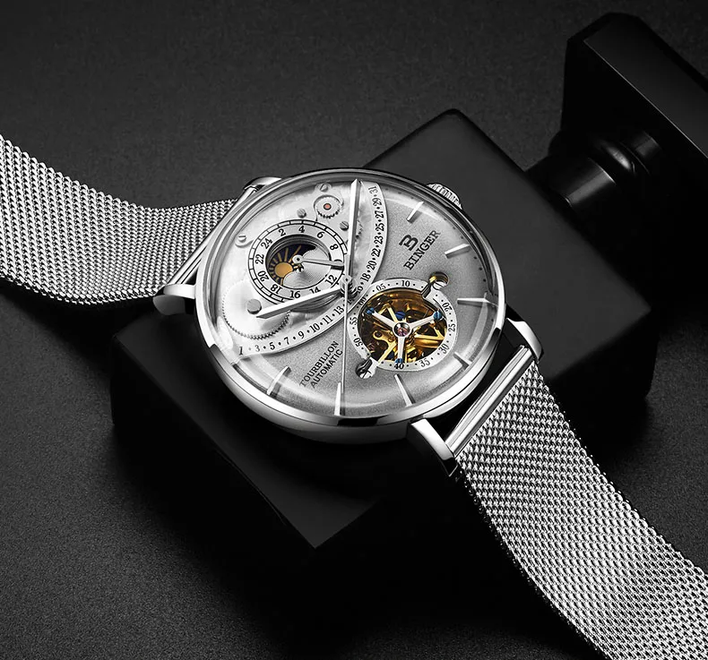 Часы-Скелетон BINGER, Высококлассные швейцарские автоматические часы для мужчин, фаза Луны, 24 часа, полностью стальные турбийон, механические часы