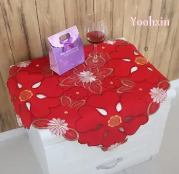 

60CM Modern satin red Table cloth towel nappe Embroidered lace square Tablecloth Cover mantel Christmas home wedding accessory