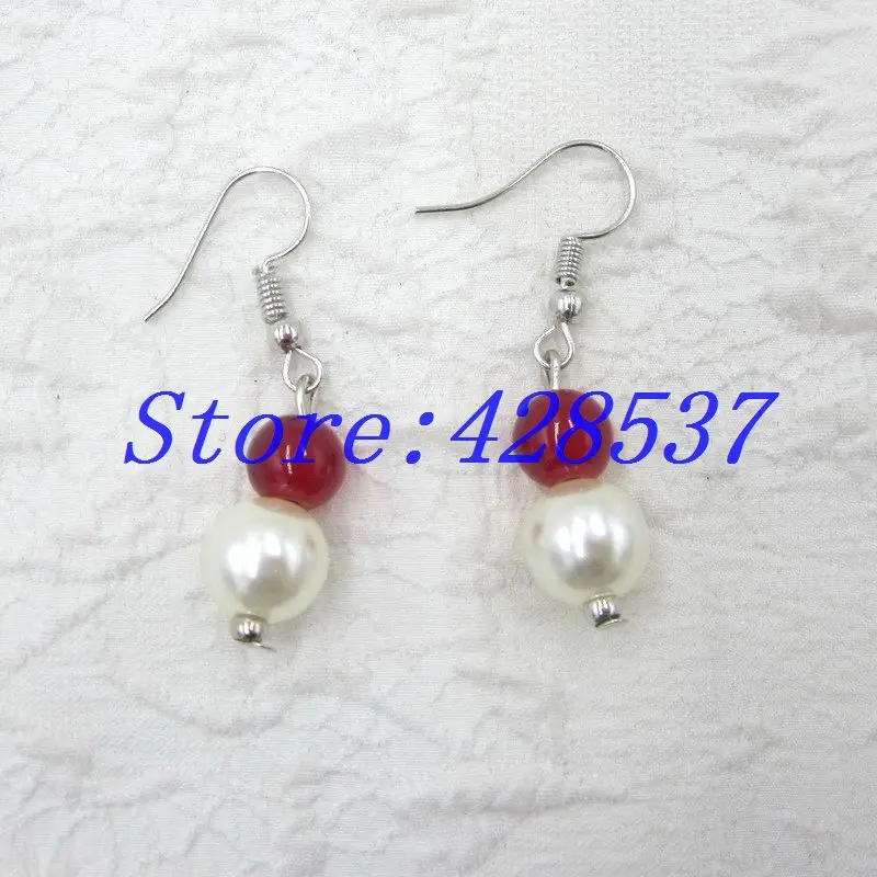 

Free Shipping Fashion Greek Sorority Delta Sigma Theta Element White Pearl Red Stone Bead Hook Dangle Drop Earrings Jewelry